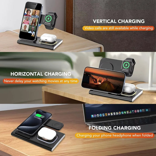 3 in 1 Foldable Charging Station Compatible with Apple Products,Fast Wireless Charger Travel Dock Adapter&Light for Iphone 15 14 13 12 11 Pro Max,Watch 9 8 7 6 5 4 3 2 Se and Airpods,Black