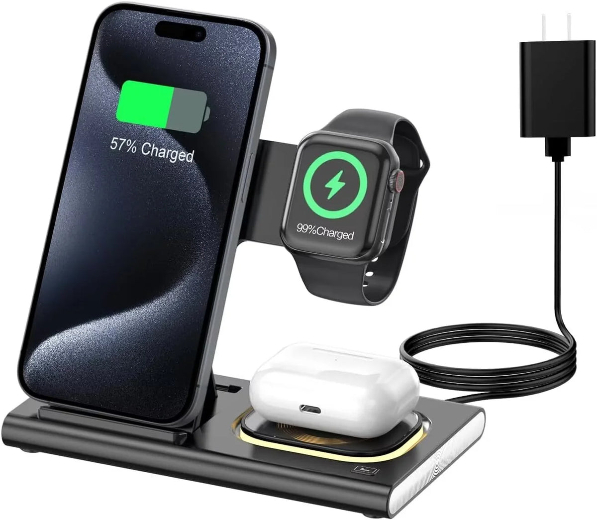 3 in 1 Foldable Charging Station Compatible with Apple Products,Fast Wireless Charger Travel Dock Adapter&Light for Iphone 15 14 13 12 11 Pro Max,Watch 9 8 7 6 5 4 3 2 Se and Airpods,Black