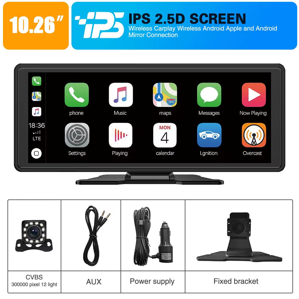 10.26Inch Wireless Carplay Android Auto Universal Multimedia Video Player IPS Screen Reverse Camera Monitor Bluetooth AUX FM USB
