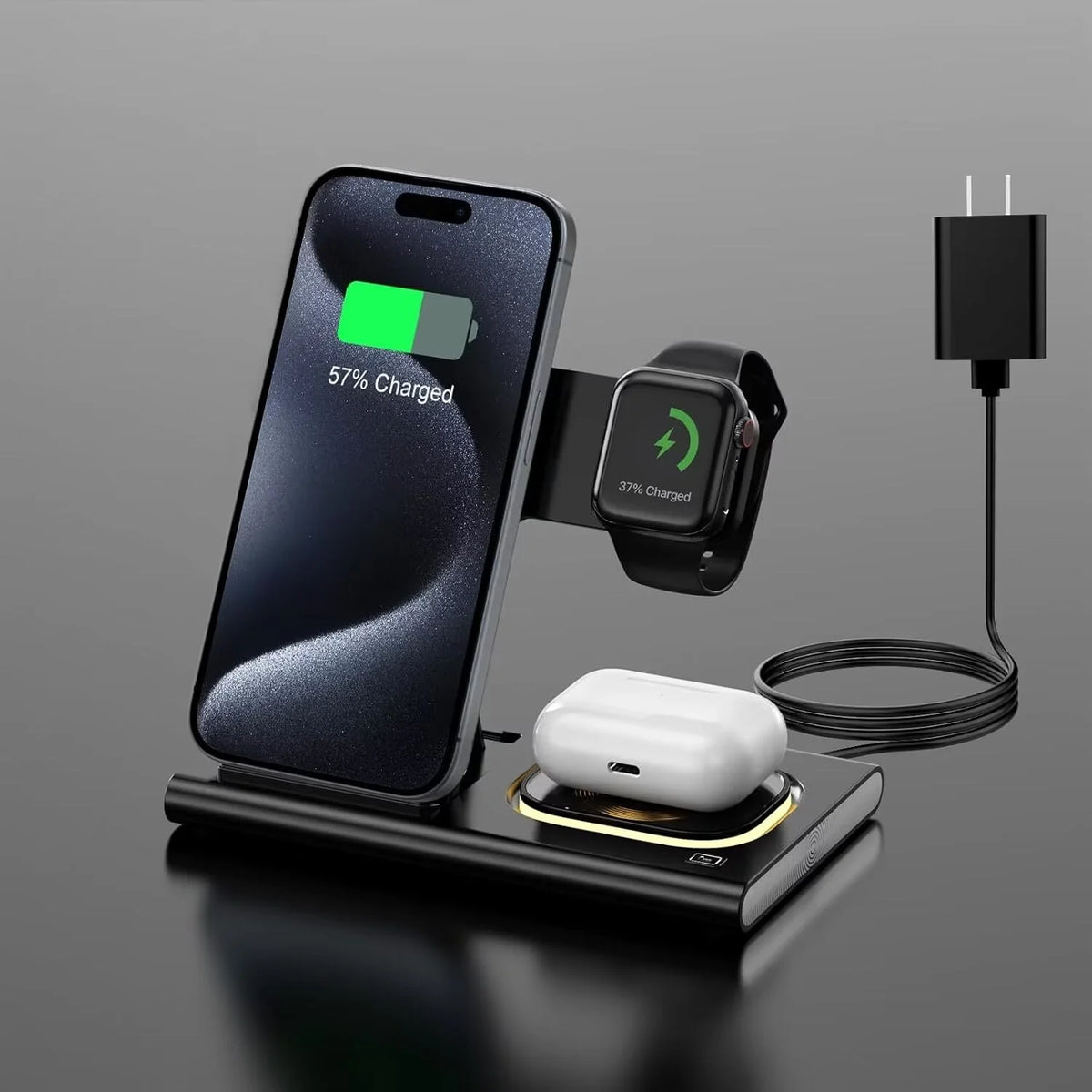3 in 1 Foldable Charging Station Compatible with Apple Products,Fast Wireless Charger Travel Dock Adapter&Light for Iphone 15 14 13 12 11 Pro Max,Watch 9 8 7 6 5 4 3 2 Se and Airpods,Black