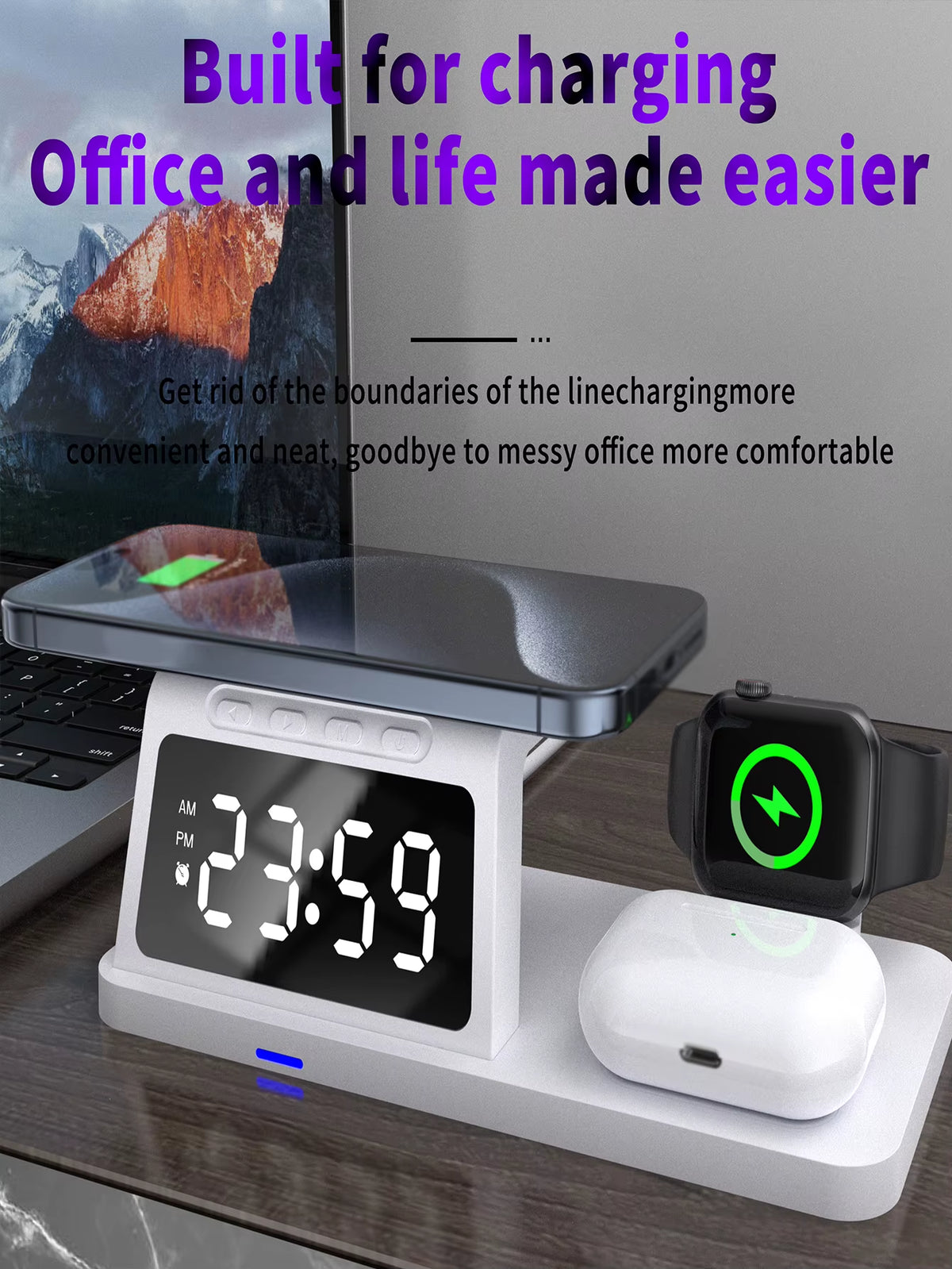 PowerHub Pro 3-in-1: Fast Wireless Charger, Smart Clock & Alarm – All in One Sleek Device