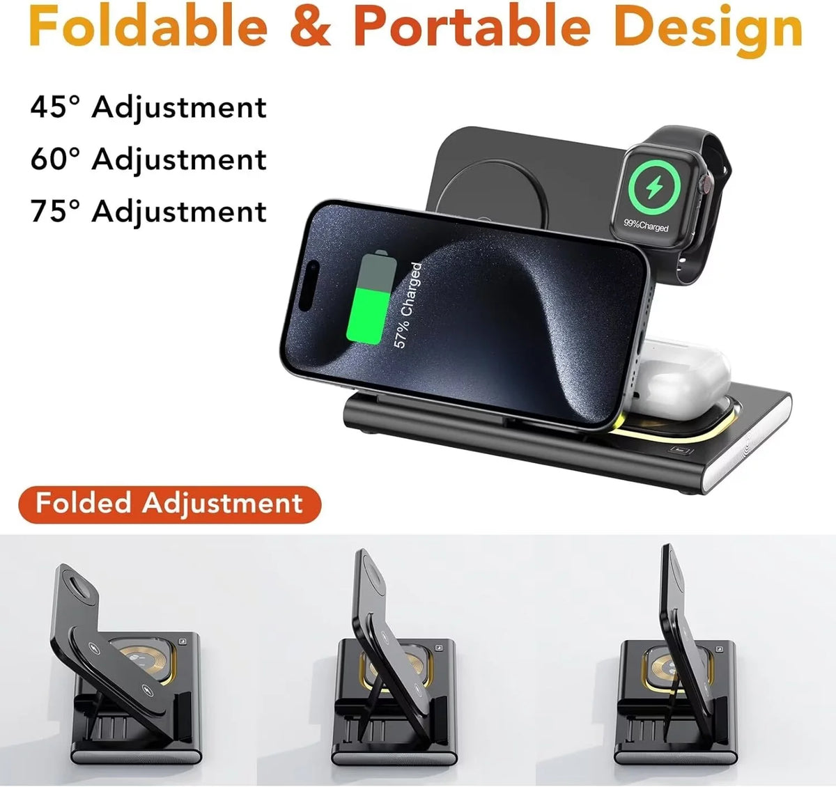 3 in 1 Foldable Charging Station Compatible with Apple Products,Fast Wireless Charger Travel Dock Adapter&Light for Iphone 15 14 13 12 11 Pro Max,Watch 9 8 7 6 5 4 3 2 Se and Airpods,Black